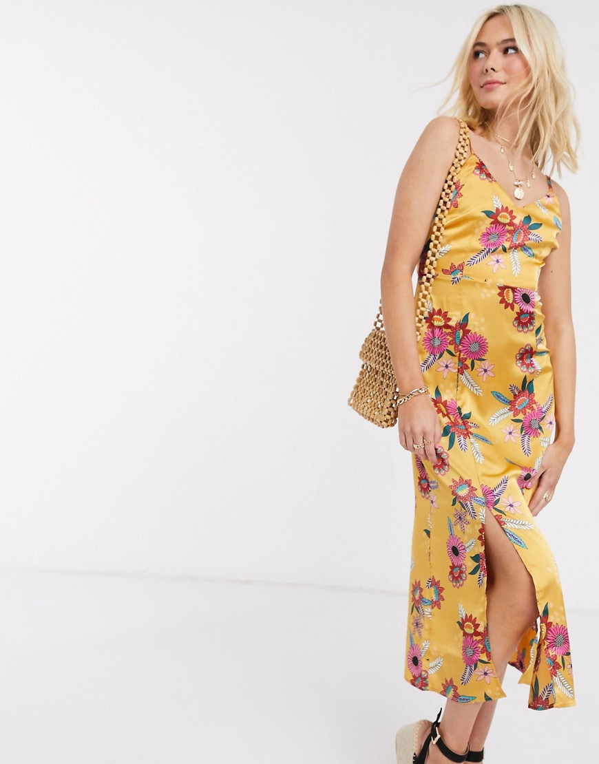 Glamorous – Blommig midiklänning i satin med smala axelband-Flerfärgad