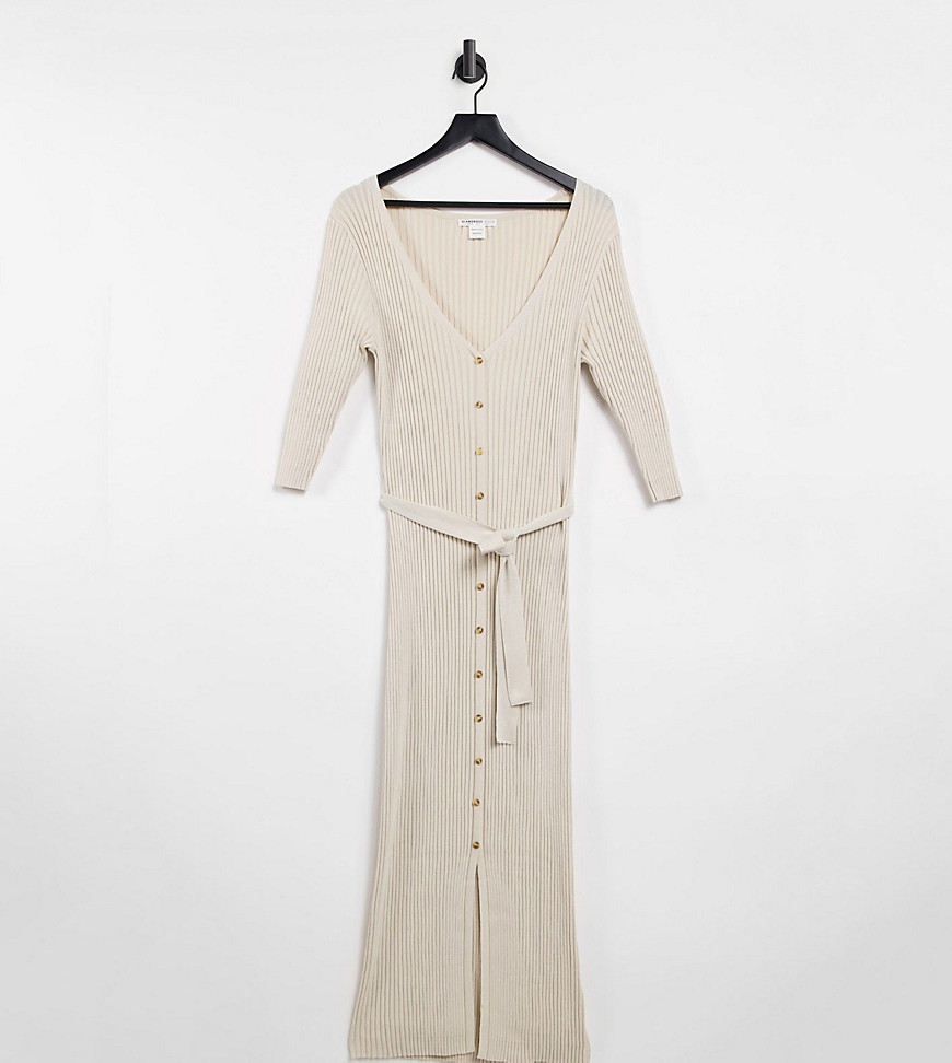 Glamorous Bloom button through midi dress with tie waist in rib-Neutral