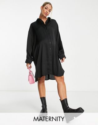 Glamorous Bloom button through shirt dress in black sateen - ASOS Price Checker
