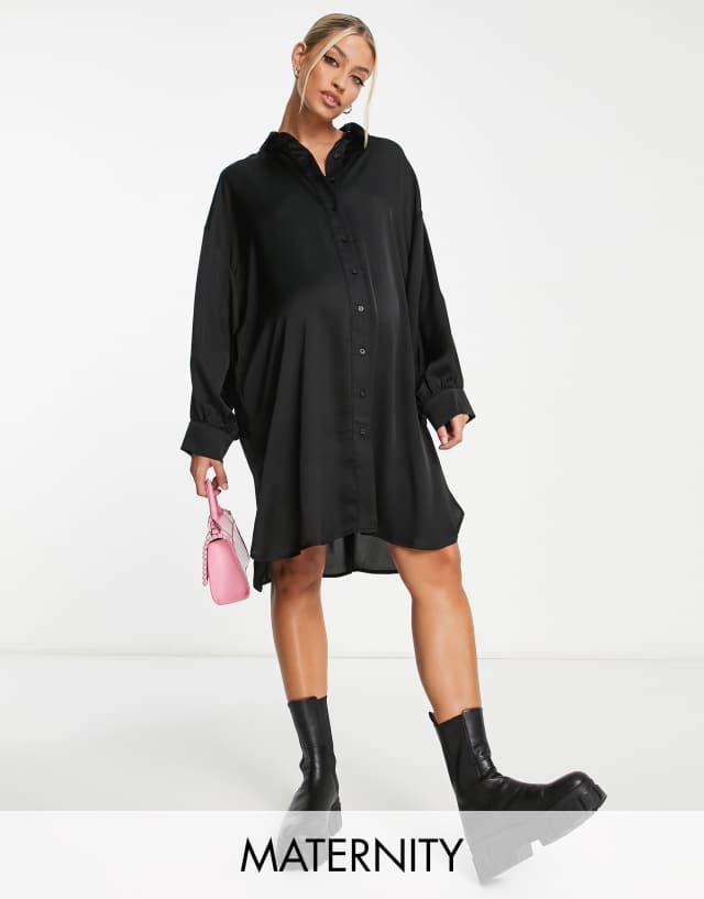 Glamorous Bloom button through shirt dress in black sateen