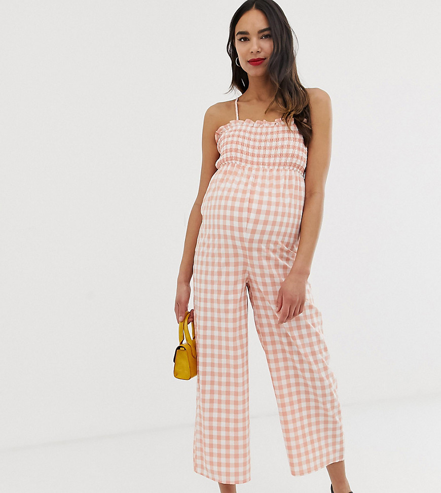 Glamorous Bloom cami jumpsuit with shirring in gingham-Pink