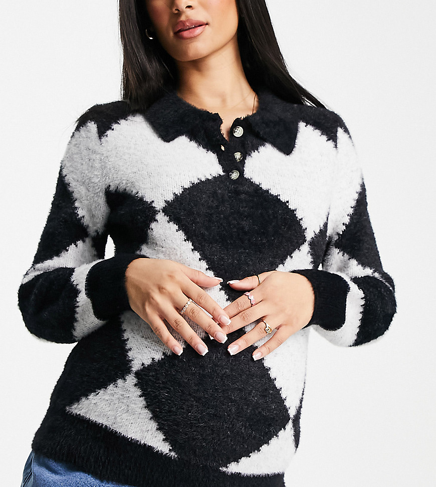 Glamorous Bloom cropped sweater with balloon sleeves in monochrome diamond-Multi