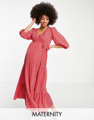 Glamorous Bloom – Czerwona kopertowa sukienka maxi z balonowymi rękawami, w drobny kwiatowy wzór