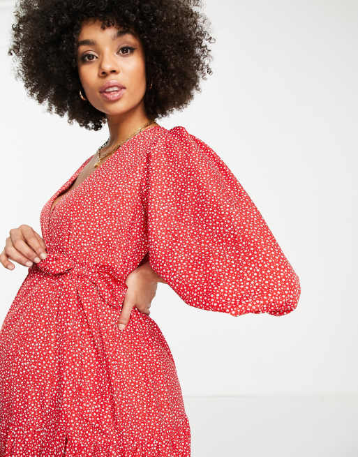 Glamorous - Bloom - Lange wikkeljurk met ballonmouwen in fijne rode print, 2 van 4