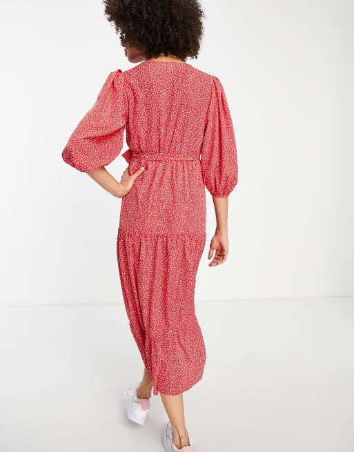 Glamorous - Bloom - Lange wikkeljurk met ballonmouwen in fijne rode print, 3 van 4