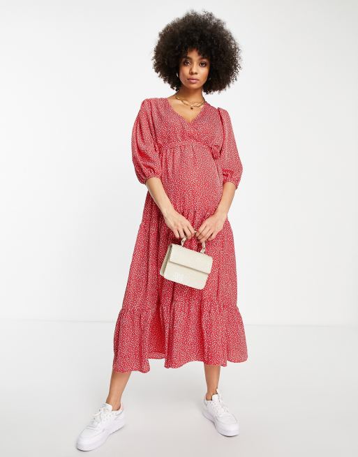 Glamorous - Bloom - Lange wikkeljurk met ballonmouwen in fijne rode print, 4 van 4