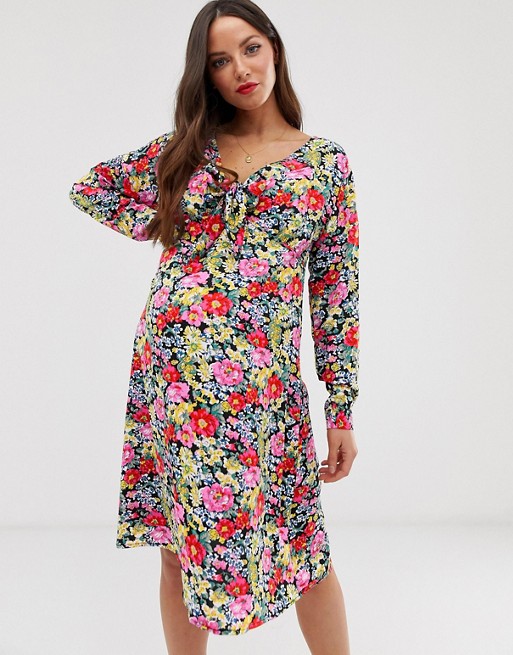 Glamorous Bloom long sleeve dress with tie front in vintage floral
