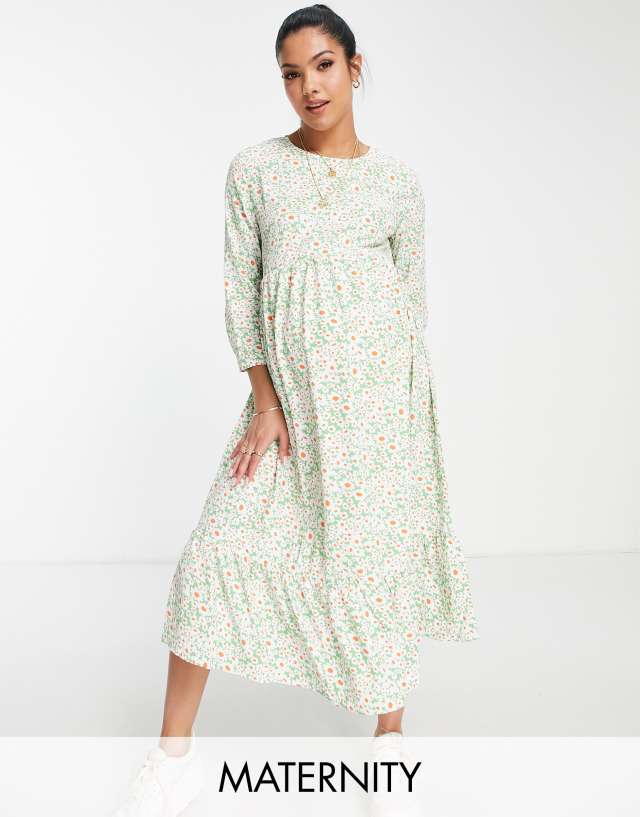 Glamorous Bloom long sleeve midi smock dress in green daisy