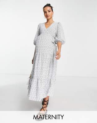 Glamorous Bloom long sleeve wrap midi dress in black daisy-White