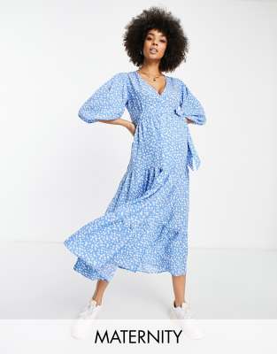 Glamorous Bloom Maxi Wrap Dress With Balloon Sleeves In Blue Ditsy