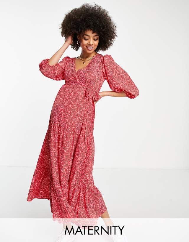 Glamorous Bloom maxi wrap dress with balloon sleeves in red ditsy