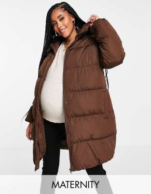 Glamorous Bloom mid length hooded puffer coat in brown