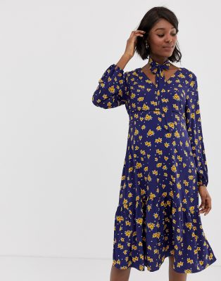 Glamorous Bloom midi dress with neck tie in sunflower print-Navy