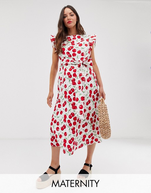 Glamorous Bloom midi dress with ruffle sleeves and tie waist in cherry print