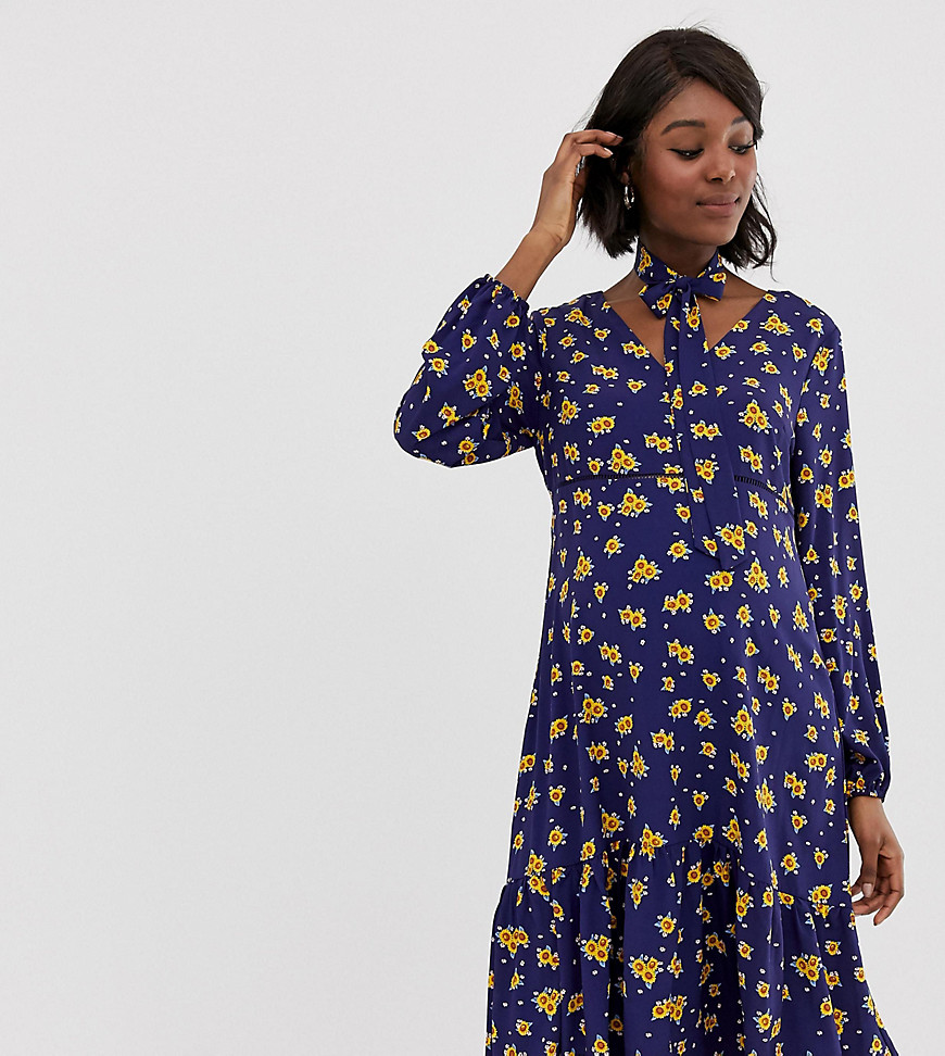 Glamorous Bloom - Midi-jurk met halsstrik en zonnebloemprint-Marineblauw
