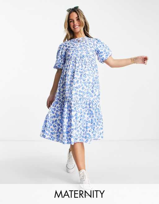Glamorous Bloom - Midi smockjurk met stroken en bloemenprint in blauw