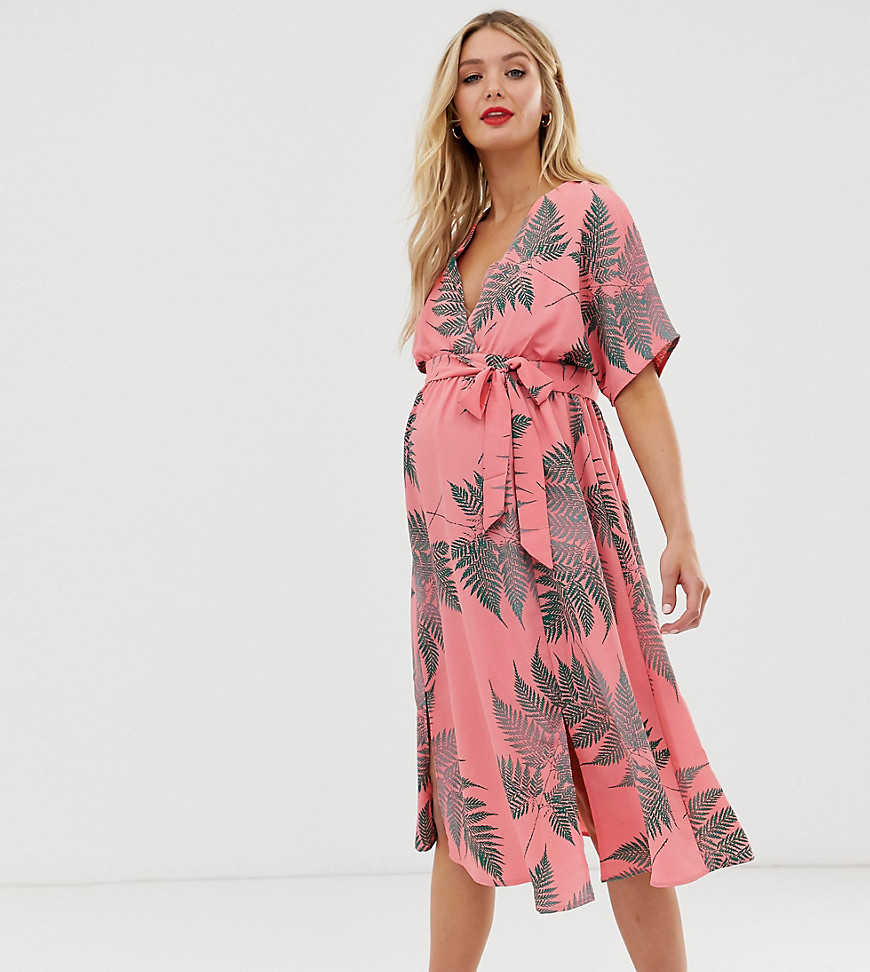 Glamorous Bloom midi tea dress with tie waist in palm print-Pink