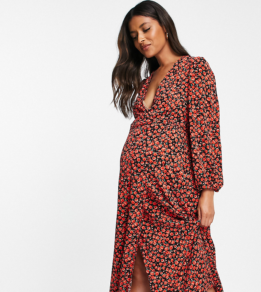 Glamorous Bloom midi wrap dress in red rose floral