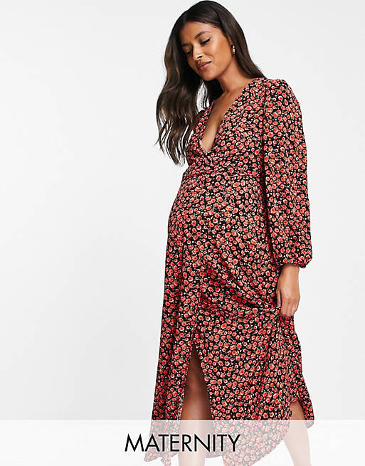 Glamorous Bloom midi wrap dress in red rose floral