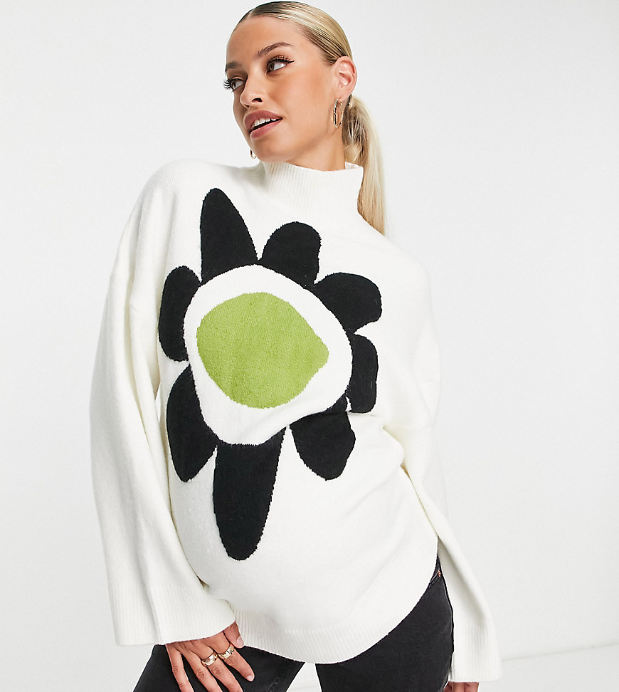 Glamorous Bloom Oversized High Neck Sweater With Large Retro Flower-neutral