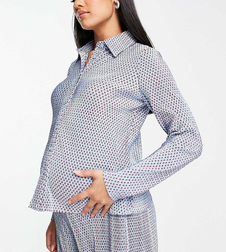 Glamorous Bloom Relaxed Plisse Shirt In Blue Spot - Part Of A Set-pink
