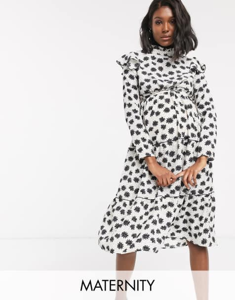 Glamorous Bloom - Robe étagée longueur mollet motif petites fleurs et pois avec manches volantées