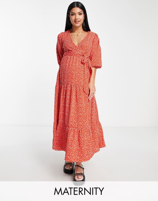 Glamorous Bloom - Robe longue cache-cœur à petites fleurs - Rouge