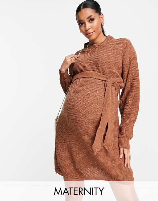 Glamorous Bloom - Robe pull courte à manches longues avec lien à nouer à la taille - Marron