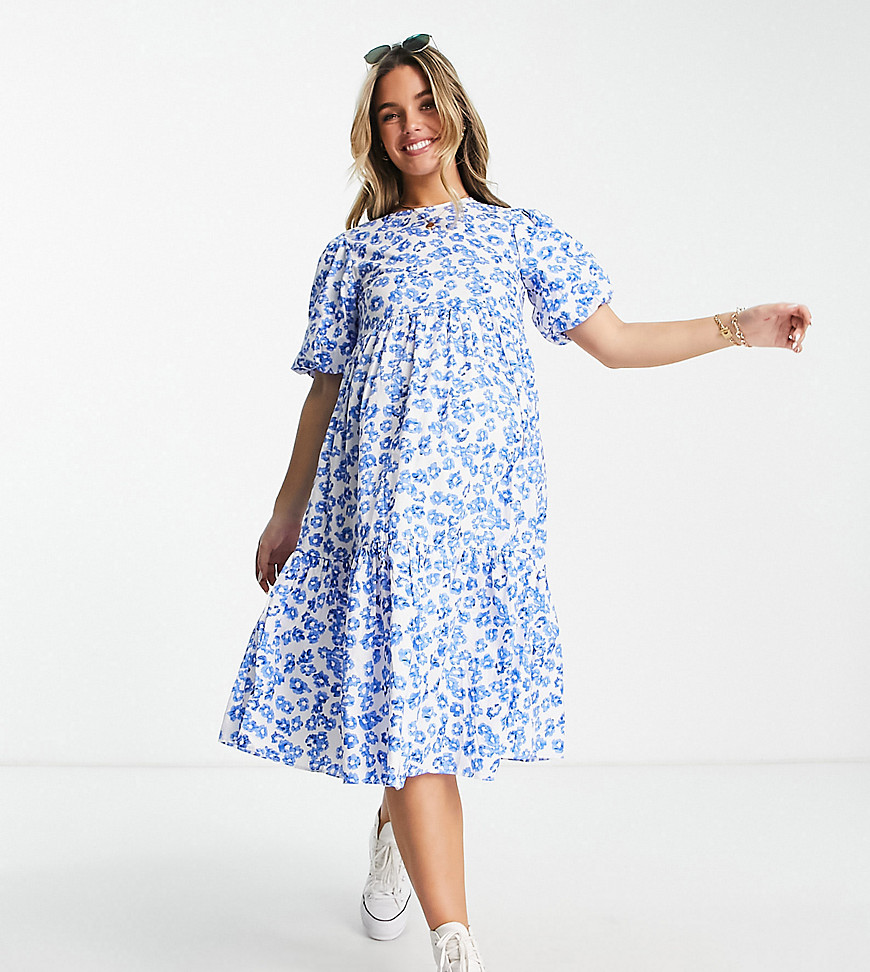 Glamorous Bloom tiered midi smock dress in blue floral-White