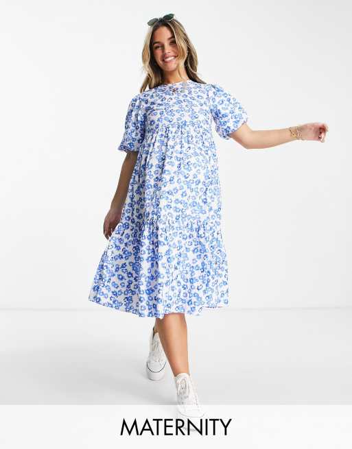 Glamorous Bloom tiered midi smock dress in blue floral