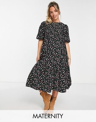 Glamorous Maternity tiered midi smock dress with tie back in black base daisy