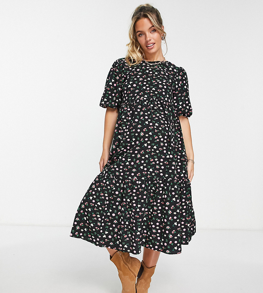 Glamorous Bloom Tiered Midi Smock Dress With Tie Back In Black Base Daisy