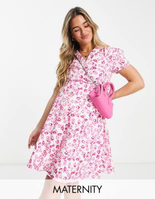 Glamorous Bloom V-neck Mini Tea Dress With Tie Waist In Pink Floral-white