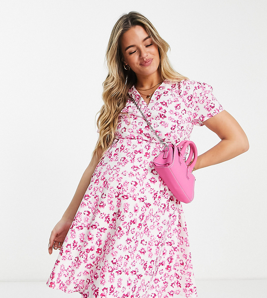 Glamorous Bloom V-neck Mini Tea Dress With Tie Waist In Pink Floral-white
