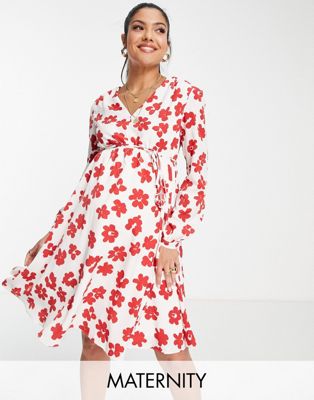 Glamorous Bloom V-neck mini wrap dress in red floral-White