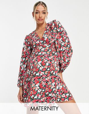 Glamorous Bloom Wrap Dress With Tie Waist In Red Retro Floral-multi