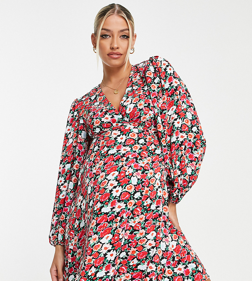 Glamorous Bloom wrap dress with tie waist in red retro floral-Multi