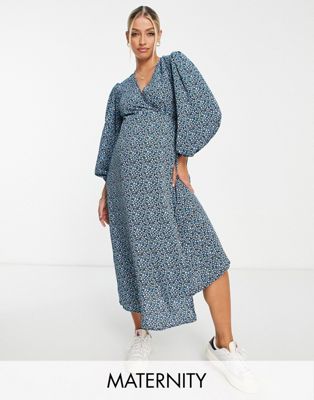 Glamorous Maternity wrap midi dress in blue ditsy floral