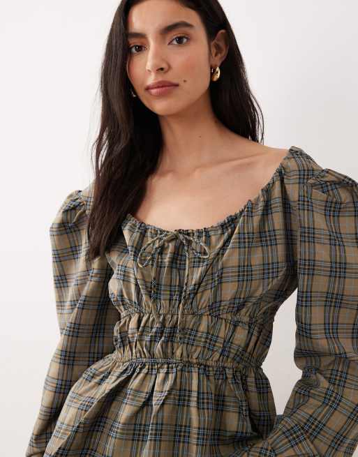 Glamorous - Blouse à carreaux avec manches longues et taille froncée - Vert/bleu marine, 3 de 4