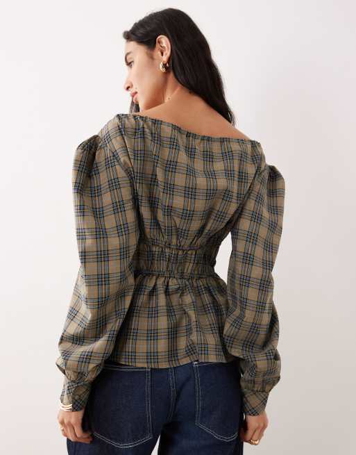 Glamorous - Blouse à carreaux avec manches longues et taille froncée - Vert/bleu marine, 4 de 4