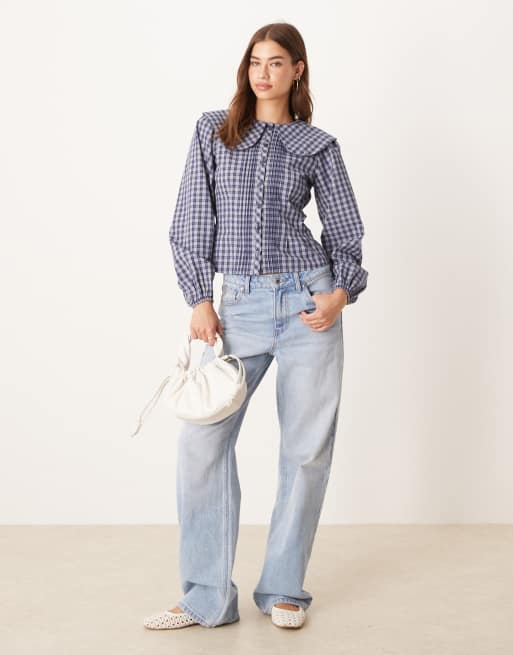 Glamorous - Blouse cintrée à carreaux avec col fantaisie - Bleu marine, 2 de 4