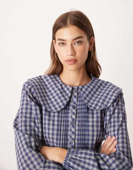 Glamorous - Blouse cintrée à carreaux avec col fantaisie - Bleu marine, 3 de 4