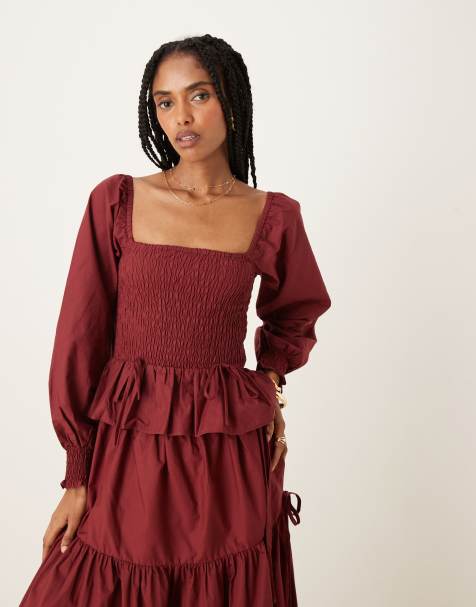 Glamorous - Blouse d'ensemble à manches longues avec fronces et liens - Bordeaux - view 1