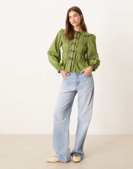 Glamorous - Blouse froncée à nœuds marron - Vert olive, 4 de 4