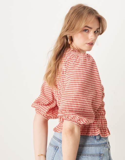 Glamorous - Blouse froncée en popeline à carreaux vichy - Rouge, 4 de 4