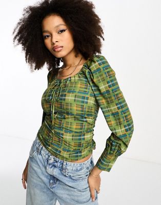 Glamorous ruched front puff sleeve blouse in green check - ASOS Price Checker