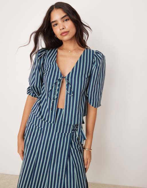 Glamorous - Blouse met volumemouwen en striksluiting aan de voorkant in groene streep, deel van co-ord set