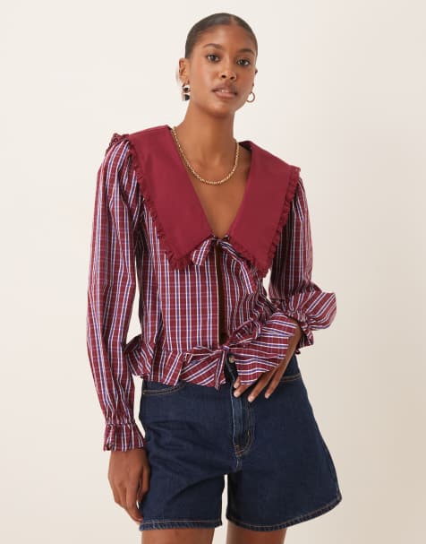 Glamorous - Blouse nouée devant avec col oversize à carreaux - Bordeaux et bleu marine - view 1