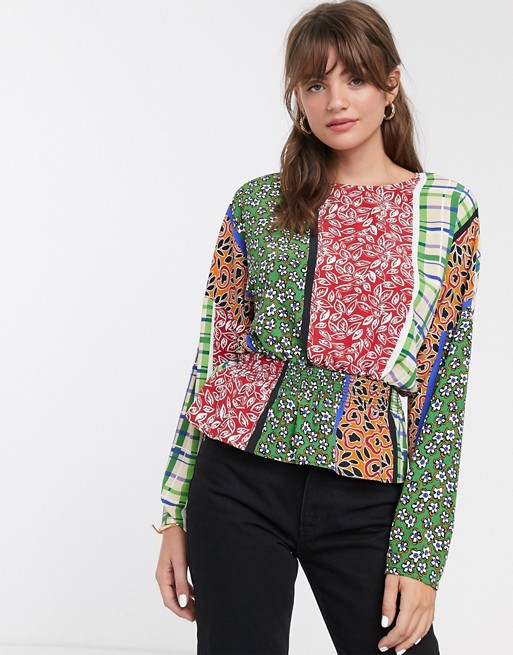 Glamorous blouse with shirred waist in retro patchwork