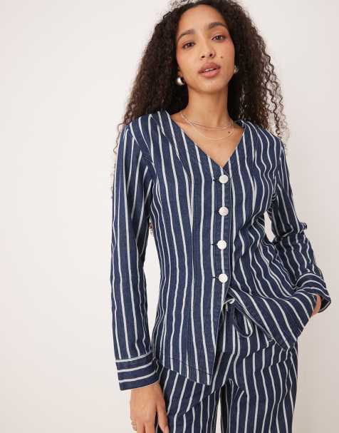 Glamorous - Blusa a maniche lunghe blu in denim a righe con scollo a V - view 1